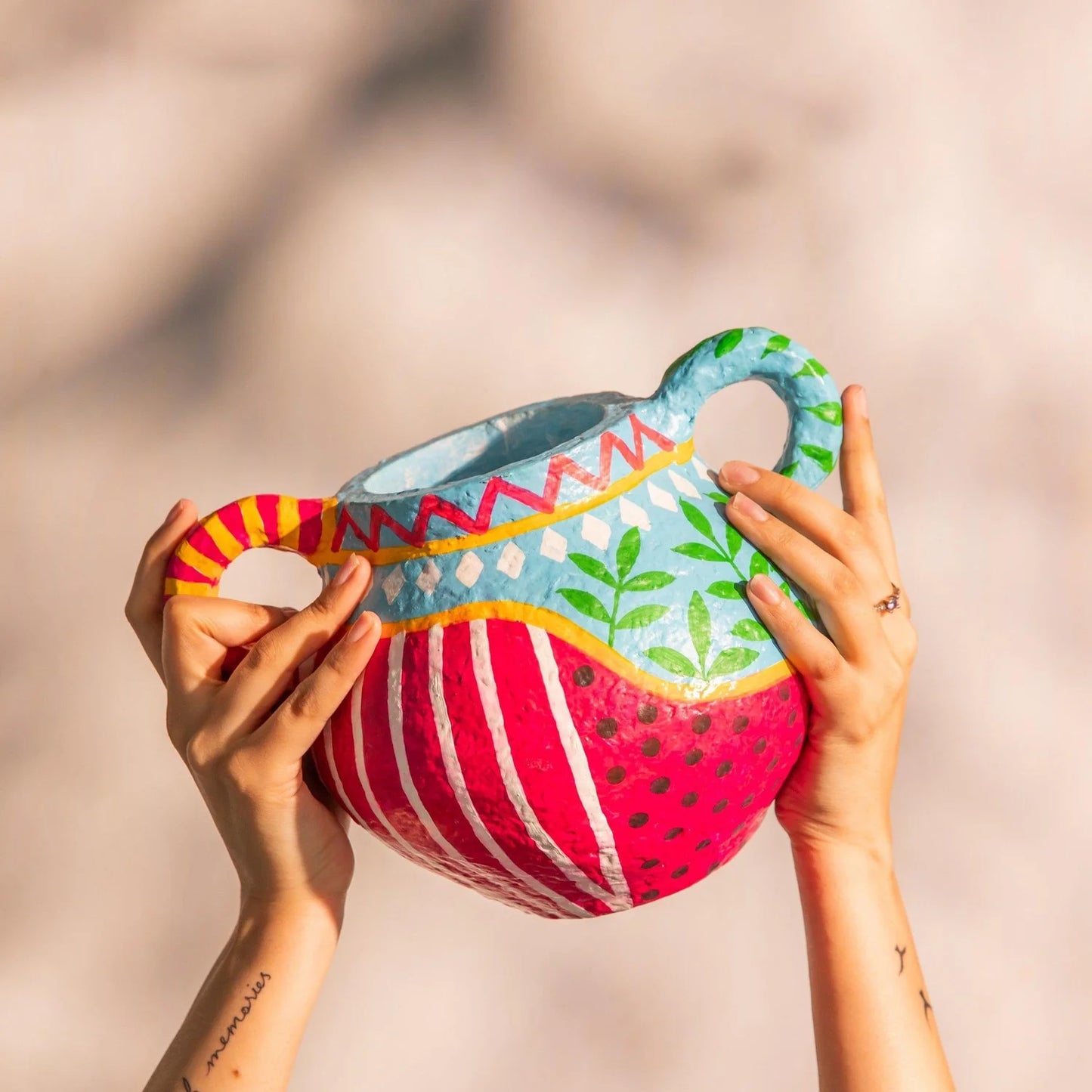 Bloom Handpainted Paper Mache Vase with Handle